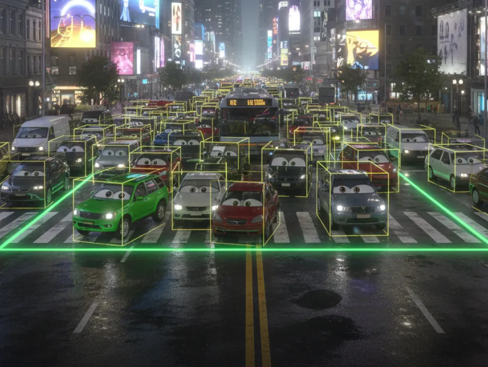 Gioco Rush Hour che mostra una scena di traffico dal vivo con sovrapposizioni di rilevamento veicoli a un incrocio cittadino