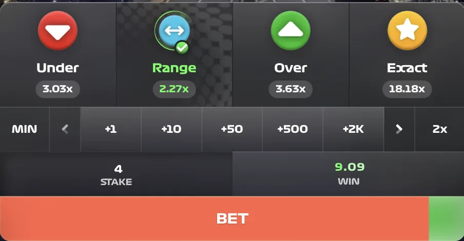 Primo piano del pannello scommesse Rush Hour con Under 3.03x, Range 2.27x, Over 3.63x, Exact 18.18x
