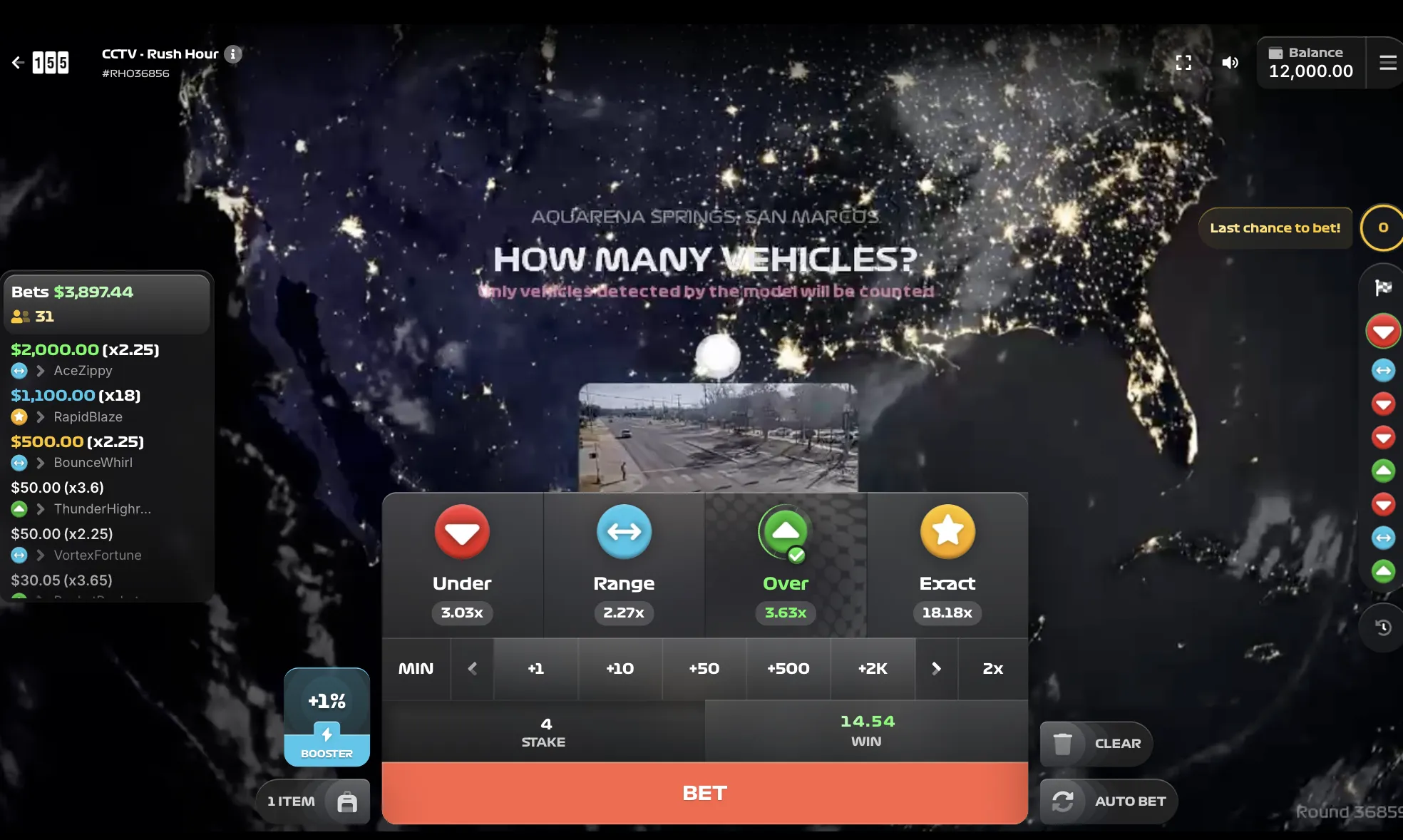 Gioco Rush Hour alla posizione San Marco con livelli di scommessa Under, Range, Over ed Exact