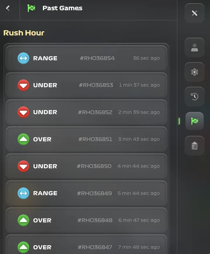 Pannello storico partite Rush Hour con cronologia scommesse, ID partita e tipi di scommessa